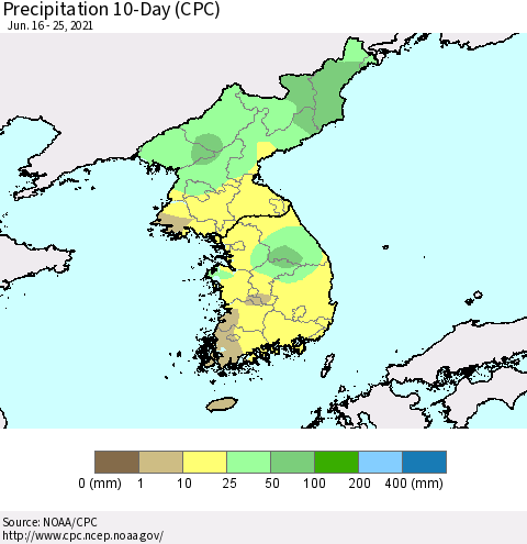 Korea Precipitation 10-Day (CPC) Thematic Map For 6/16/2021 - 6/25/2021