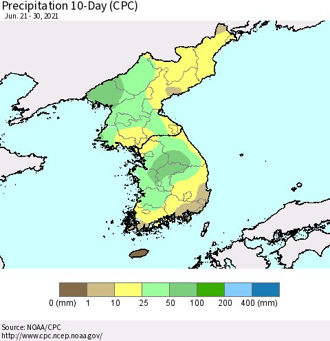 Korea Precipitation 10-Day (CPC) Thematic Map For 6/21/2021 - 6/30/2021