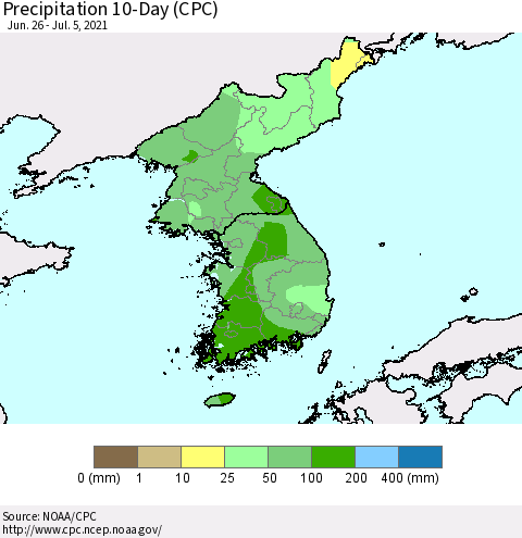Korea Precipitation 10-Day (CPC) Thematic Map For 6/26/2021 - 7/5/2021