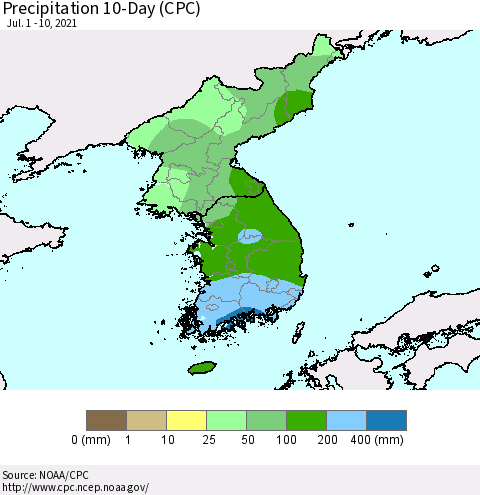 Korea Precipitation 10-Day (CPC) Thematic Map For 7/1/2021 - 7/10/2021