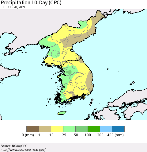 Korea Precipitation 10-Day (CPC) Thematic Map For 7/11/2021 - 7/20/2021