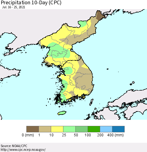 Korea Precipitation 10-Day (CPC) Thematic Map For 7/16/2021 - 7/25/2021