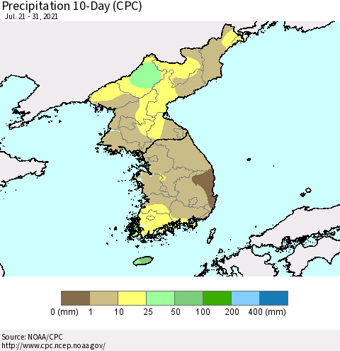 Korea Precipitation 10-Day (CPC) Thematic Map For 7/21/2021 - 7/31/2021