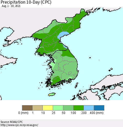 Korea Precipitation 10-Day (CPC) Thematic Map For 8/1/2021 - 8/10/2021
