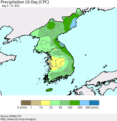 Korea Precipitation 10-Day (CPC) Thematic Map For 8/6/2021 - 8/15/2021