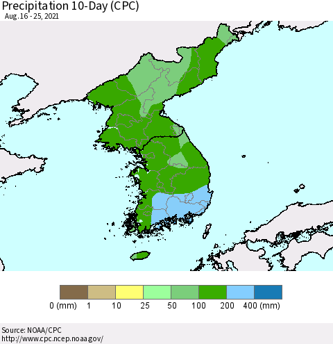 Korea Precipitation 10-Day (CPC) Thematic Map For 8/16/2021 - 8/25/2021
