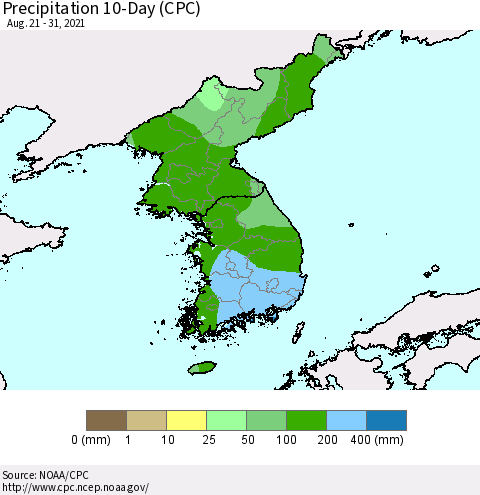 Korea Precipitation 10-Day (CPC) Thematic Map For 8/21/2021 - 8/31/2021