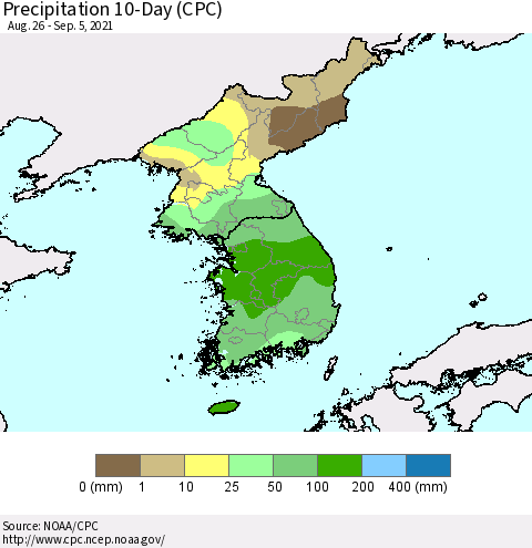 Korea Precipitation 10-Day (CPC) Thematic Map For 8/26/2021 - 9/5/2021