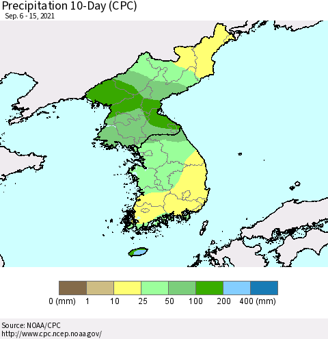 Korea Precipitation 10-Day (CPC) Thematic Map For 9/6/2021 - 9/15/2021