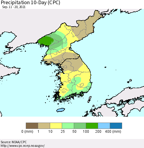 Korea Precipitation 10-Day (CPC) Thematic Map For 9/11/2021 - 9/20/2021