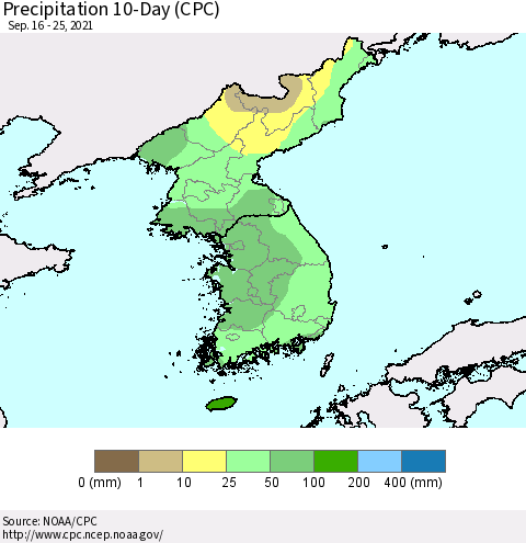 Korea Precipitation 10-Day (CPC) Thematic Map For 9/16/2021 - 9/25/2021