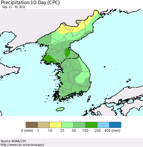 Korea Precipitation 10-Day (CPC) Thematic Map For 9/21/2021 - 9/30/2021
