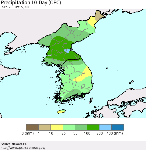 Korea Precipitation 10-Day (CPC) Thematic Map For 9/26/2021 - 10/5/2021