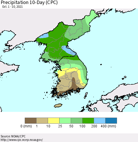 Korea Precipitation 10-Day (CPC) Thematic Map For 10/1/2021 - 10/10/2021