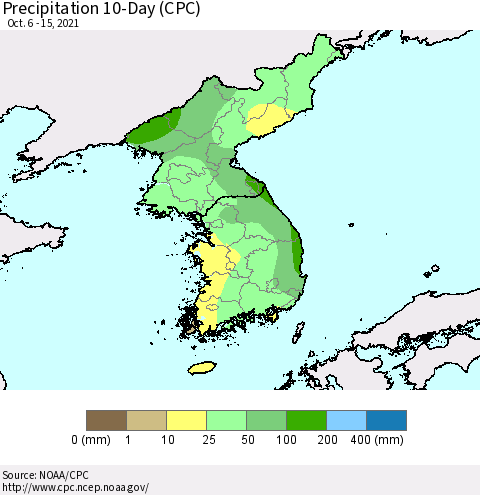 Korea Precipitation 10-Day (CPC) Thematic Map For 10/6/2021 - 10/15/2021