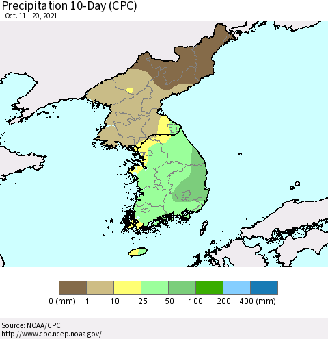 Korea Precipitation 10-Day (CPC) Thematic Map For 10/11/2021 - 10/20/2021