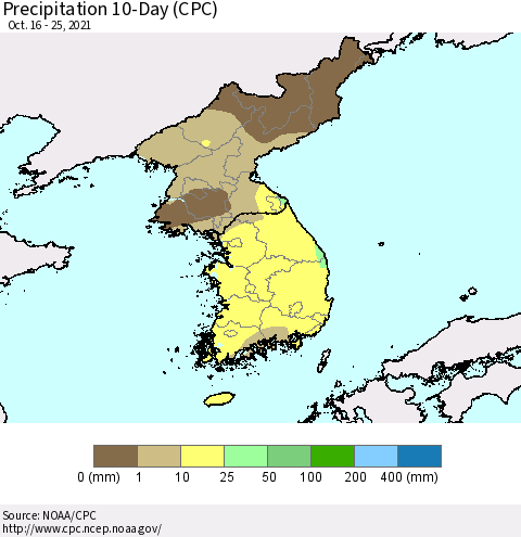 Korea Precipitation 10-Day (CPC) Thematic Map For 10/16/2021 - 10/25/2021