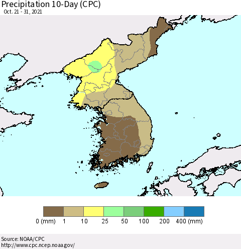 Korea Precipitation 10-Day (CPC) Thematic Map For 10/21/2021 - 10/31/2021