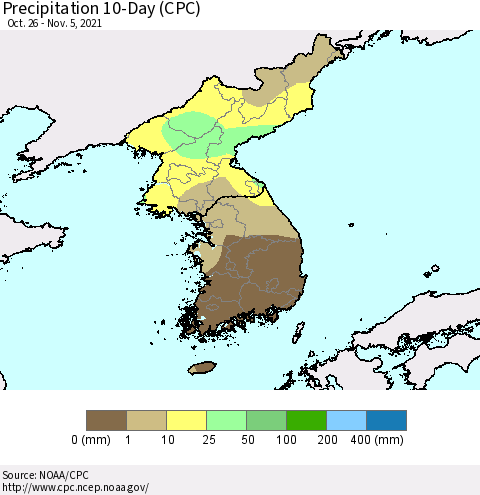 Korea Precipitation 10-Day (CPC) Thematic Map For 10/26/2021 - 11/5/2021