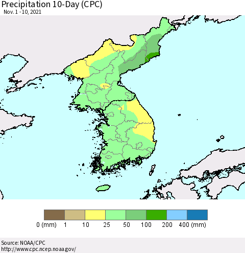Korea Precipitation 10-Day (CPC) Thematic Map For 11/1/2021 - 11/10/2021