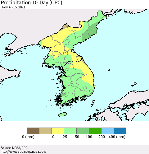 Korea Precipitation 10-Day (CPC) Thematic Map For 11/6/2021 - 11/15/2021