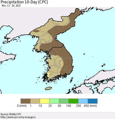 Korea Precipitation 10-Day (CPC) Thematic Map For 11/11/2021 - 11/20/2021