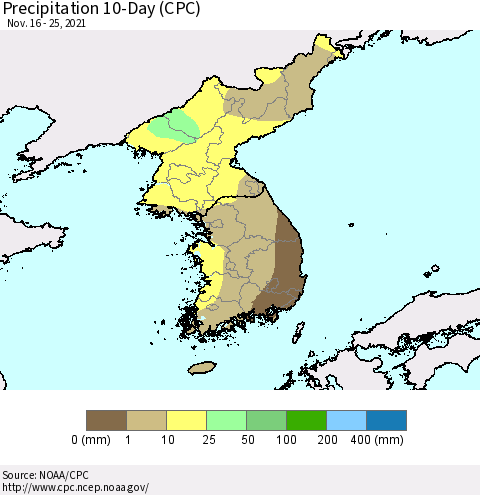 Korea Precipitation 10-Day (CPC) Thematic Map For 11/16/2021 - 11/25/2021