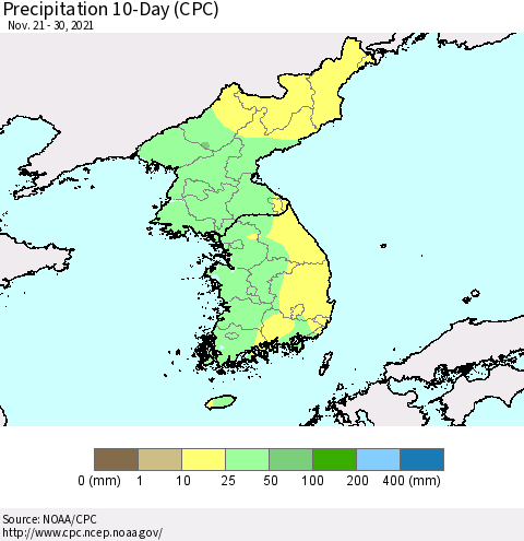 Korea Precipitation 10-Day (CPC) Thematic Map For 11/21/2021 - 11/30/2021