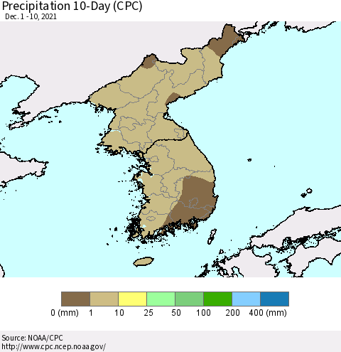 Korea Precipitation 10-Day (CPC) Thematic Map For 12/1/2021 - 12/10/2021