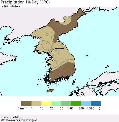 Korea Precipitation 10-Day (CPC) Thematic Map For 12/6/2021 - 12/15/2021