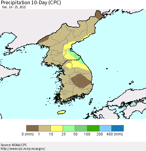 Korea Precipitation 10-Day (CPC) Thematic Map For 12/16/2021 - 12/25/2021