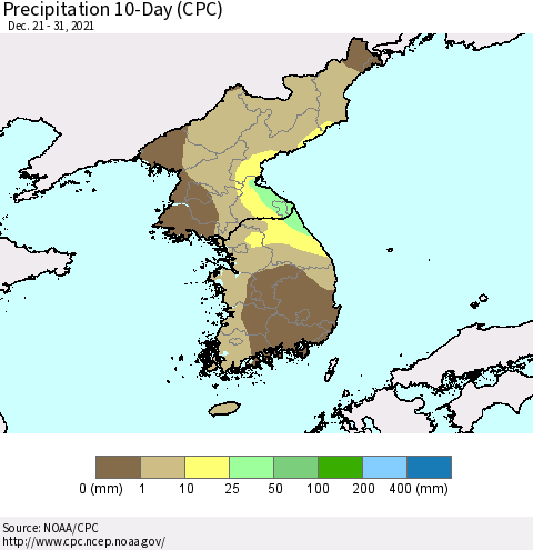 Korea Precipitation 10-Day (CPC) Thematic Map For 12/21/2021 - 12/31/2021