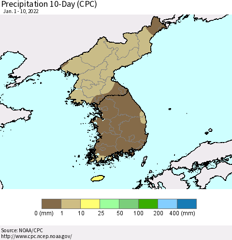 Korea Precipitation 10-Day (CPC) Thematic Map For 1/1/2022 - 1/10/2022