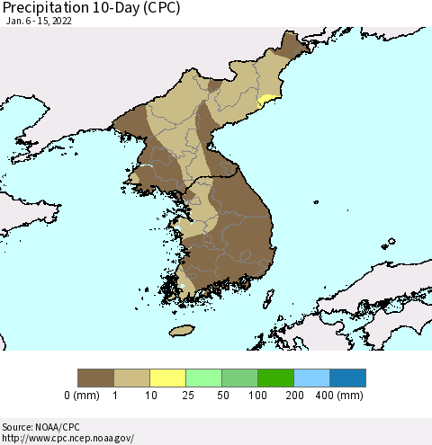 Korea Precipitation 10-Day (CPC) Thematic Map For 1/6/2022 - 1/15/2022