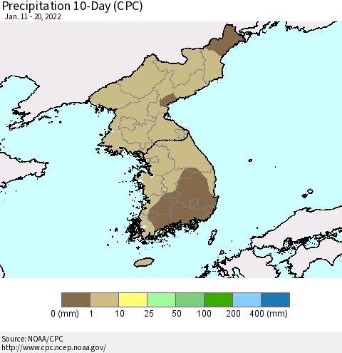 Korea Precipitation 10-Day (CPC) Thematic Map For 1/11/2022 - 1/20/2022