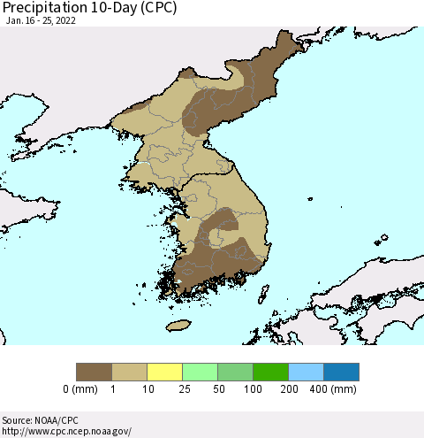 Korea Precipitation 10-Day (CPC) Thematic Map For 1/16/2022 - 1/25/2022
