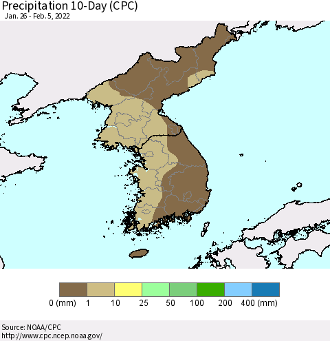 Korea Precipitation 10-Day (CPC) Thematic Map For 1/26/2022 - 2/5/2022
