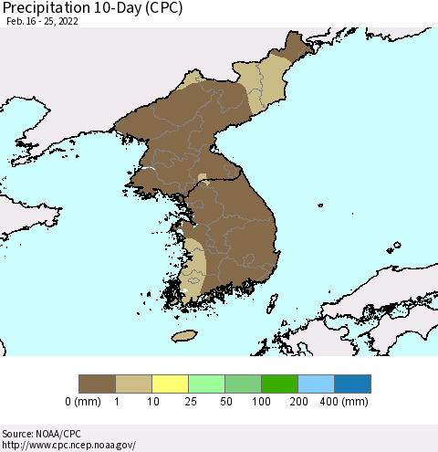 Korea Precipitation 10-Day (CPC) Thematic Map For 2/16/2022 - 2/25/2022