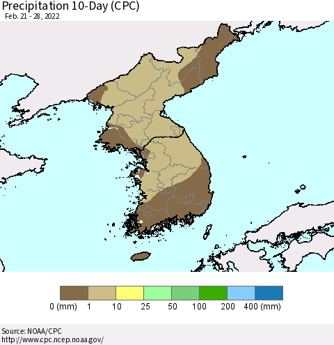 Korea Precipitation 10-Day (CPC) Thematic Map For 2/21/2022 - 2/28/2022