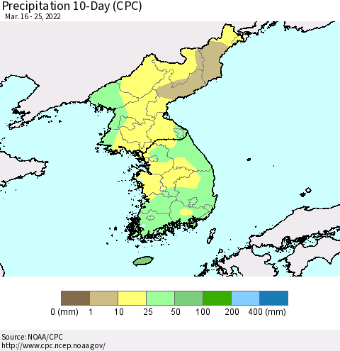 Korea Precipitation 10-Day (CPC) Thematic Map For 3/16/2022 - 3/25/2022