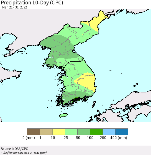 Korea Precipitation 10-Day (CPC) Thematic Map For 3/21/2022 - 3/31/2022