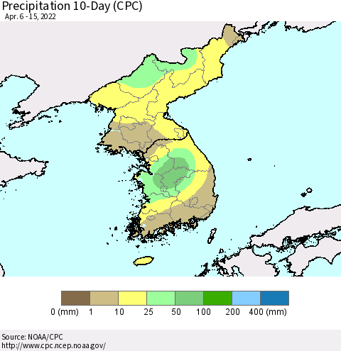Korea Precipitation 10-Day (CPC) Thematic Map For 4/6/2022 - 4/15/2022