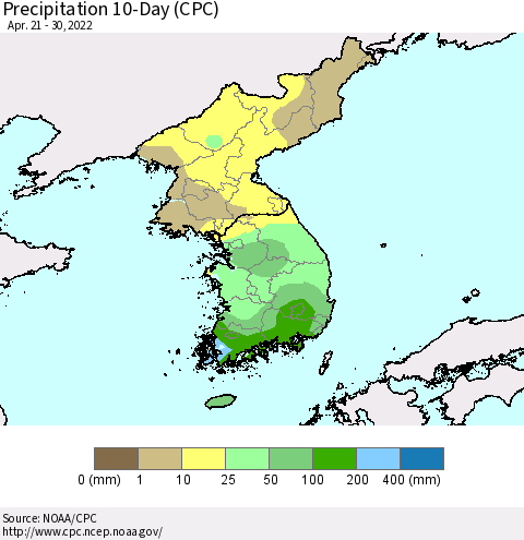 Korea Precipitation 10-Day (CPC) Thematic Map For 4/21/2022 - 4/30/2022