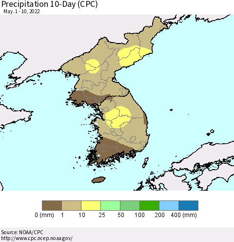 Korea Precipitation 10-Day (CPC) Thematic Map For 5/1/2022 - 5/10/2022