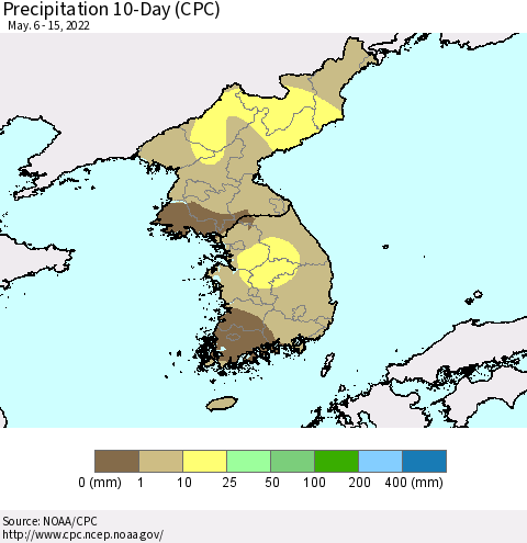 Korea Precipitation 10-Day (CPC) Thematic Map For 5/6/2022 - 5/15/2022