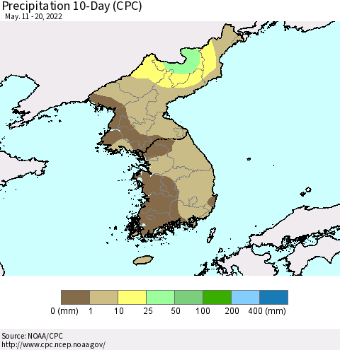 Korea Precipitation 10-Day (CPC) Thematic Map For 5/11/2022 - 5/20/2022