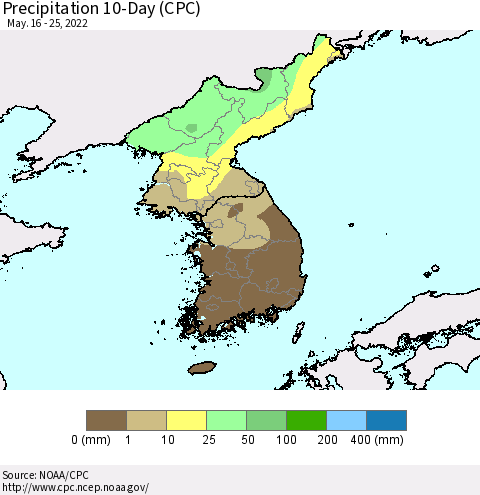 Korea Precipitation 10-Day (CPC) Thematic Map For 5/16/2022 - 5/25/2022
