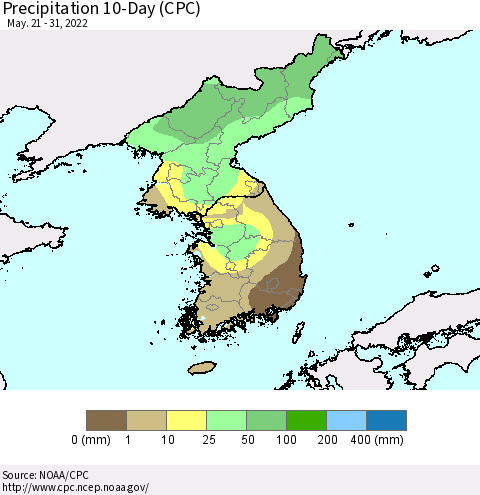 Korea Precipitation 10-Day (CPC) Thematic Map For 5/21/2022 - 5/31/2022