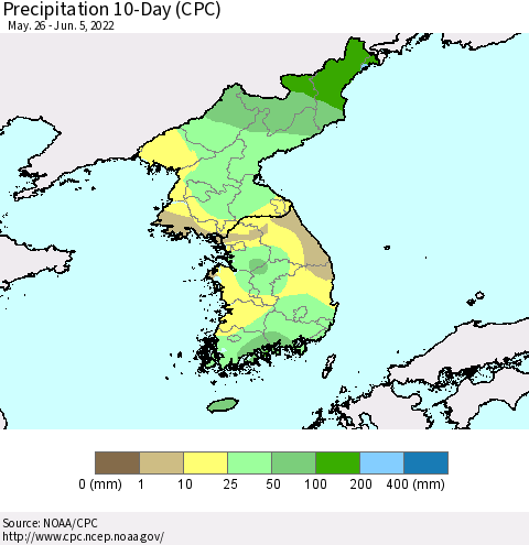 Korea Precipitation 10-Day (CPC) Thematic Map For 5/26/2022 - 6/5/2022