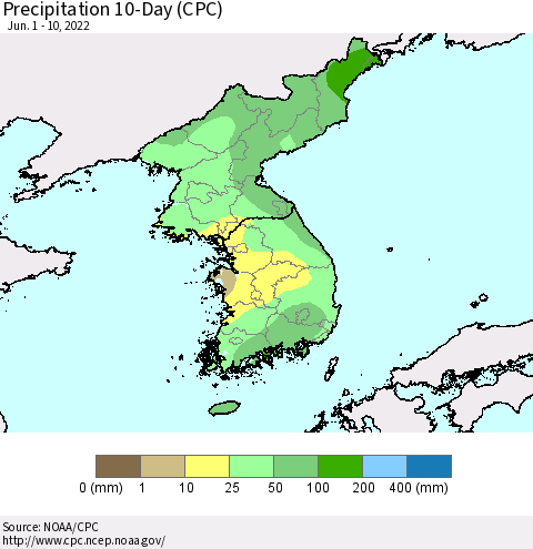 Korea Precipitation 10-Day (CPC) Thematic Map For 6/1/2022 - 6/10/2022